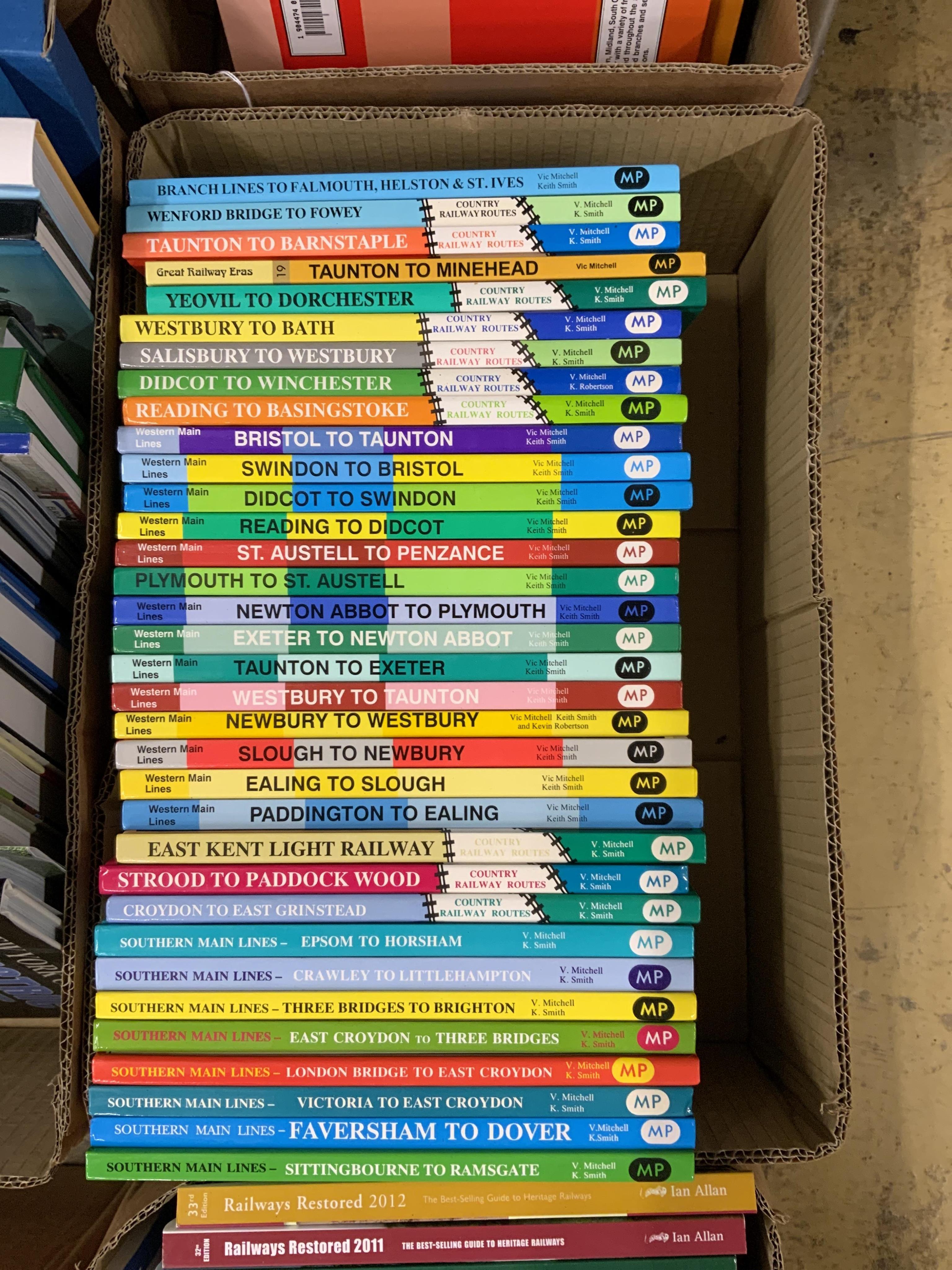 Eight boxes of railway related books, subjects include; locomotives of Australia, British railway journeys, preserved and miniature railways, Southern Railway, branch line railways, Great Western Railway locomotives, etc